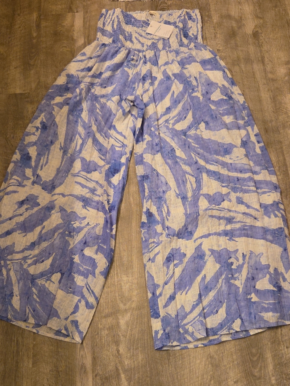 Smocked Top Wide Leg Jumpsuit in Blue and White